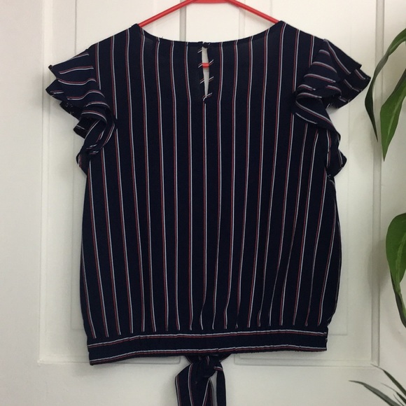 Sweet Wanderer Navy Pinstripe Flutter Sleeve Top - Picture 9 of 11